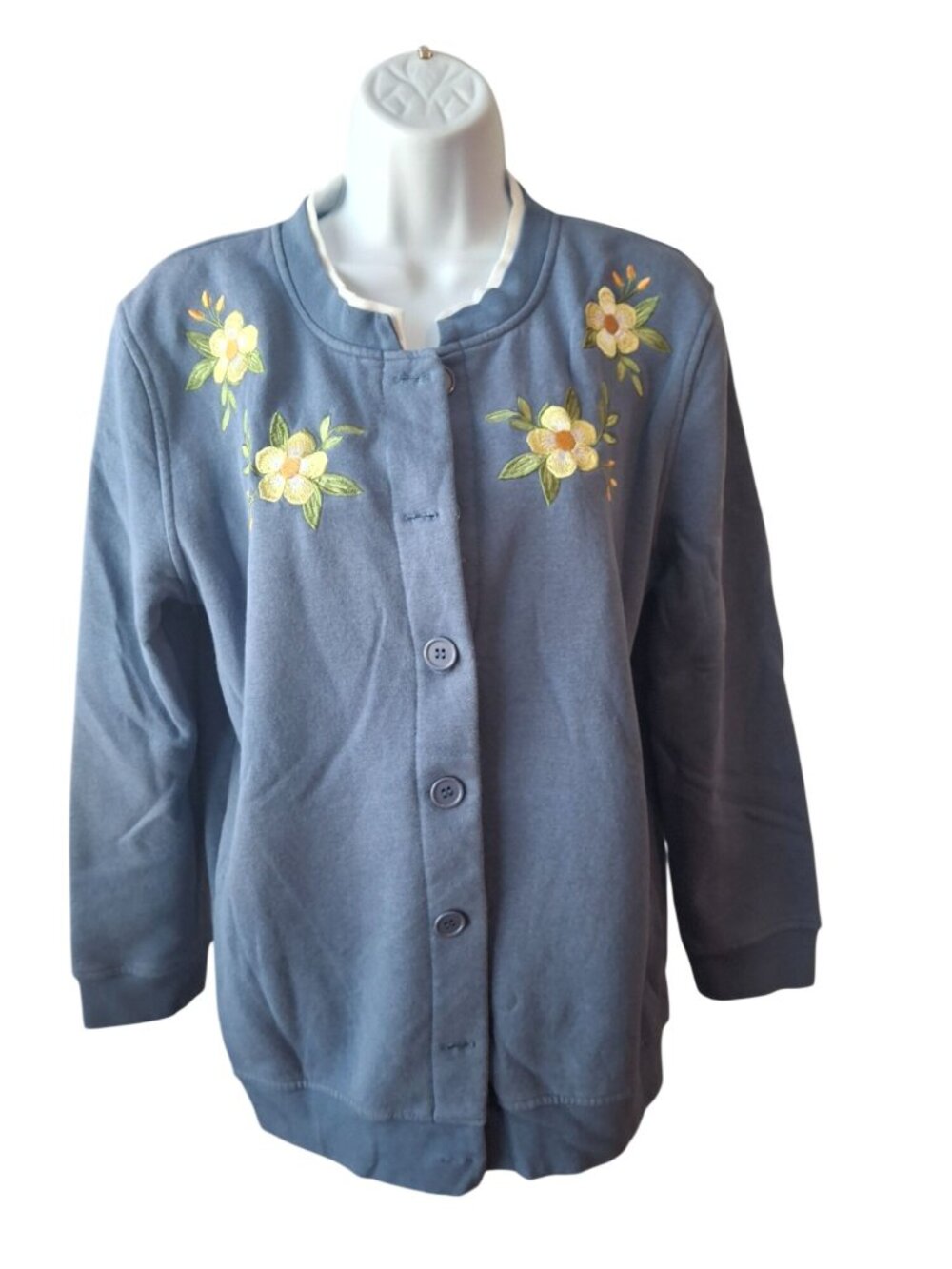 Vintage Floral Sweatshirt Cardigan Cottagecore Grannycore Blue Cozy Jacket S